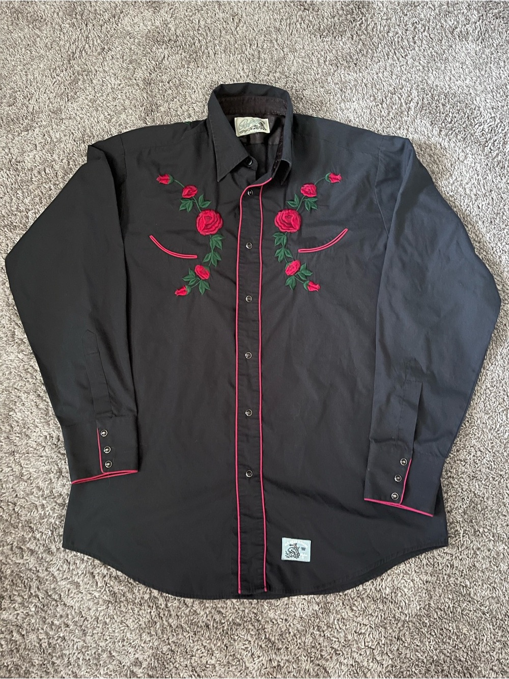Roper Denver Vintage Black Pearl Snap Button Up with Rose Embroidery, XL Men
